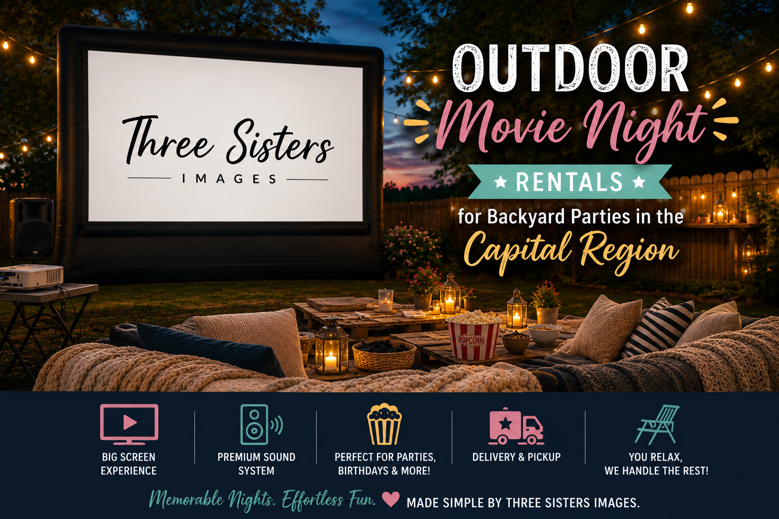 Outdoor movie night rental setup in a Capital Region backyard with inflatable screen, projector, popcorn, and cozy seating