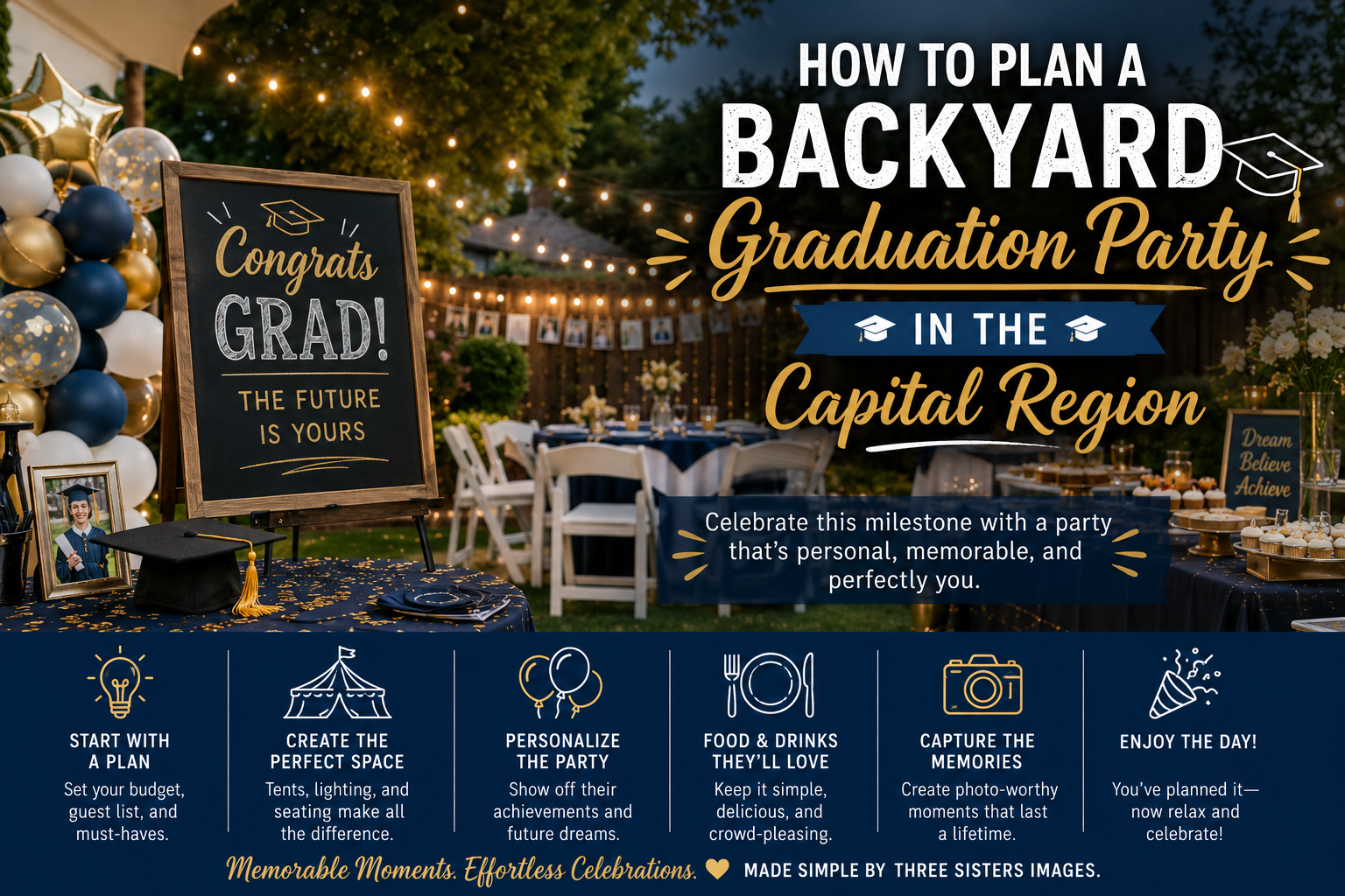 Backyard graduation party setup with round tables, white chairs, cotton candy machine, and cornhole on a Capital Region lawn at golden hour